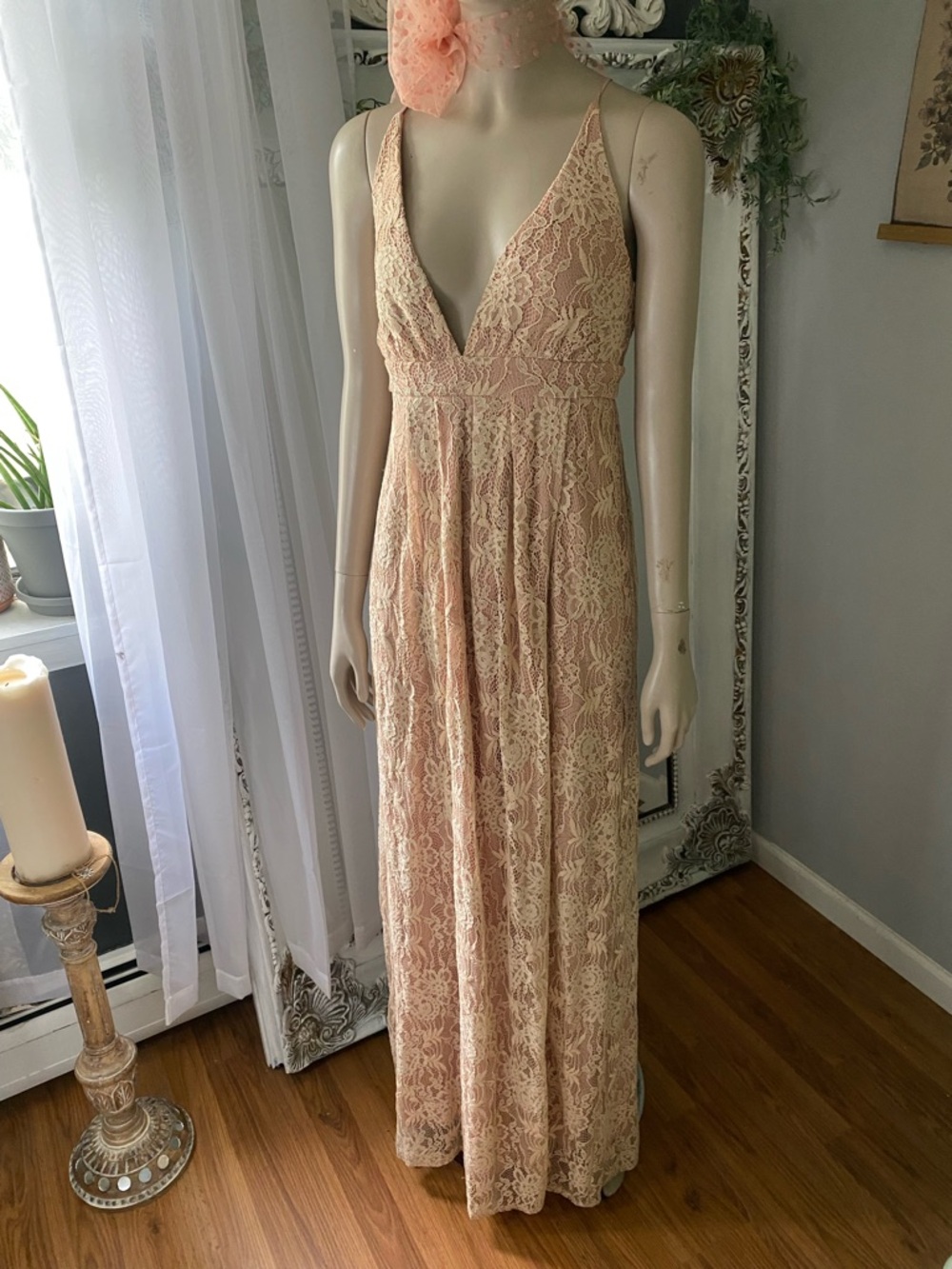 Bohemian deep V-Neck Maxi Dress in Blush Pink nude lace